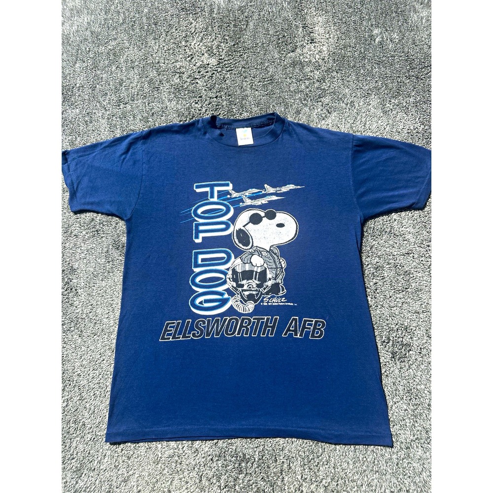 Vintage 90s Snoopy Top Dog Ellsworth AFB T Shirt USA Single Stitch Military L
